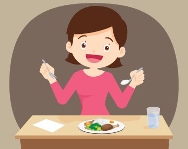 Happy young woman enjoy eating foods for lunch. meal of morning and dinner. People healthy lifestyle concept