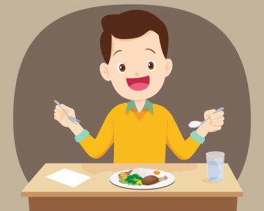 Mutlu genç adam öğle yemeğinde yemek yemekten hoşlanır. Sabah yemeği ve akşam yemeği. İnsanlar sağlıklı yaşam tarzı konsepti