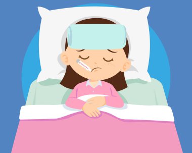 Ağız ve ateş ile o kadar da kötü hissediyorum bir termometre ile yatakta hasta sevimli kız uyku.