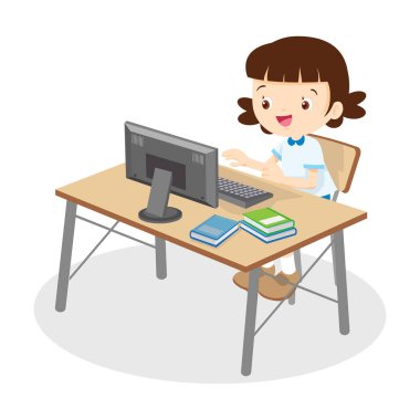 Bilgisayarla çalışan sevimli öğrenci. Öğrenci kız bilgisayar öğreniyor.