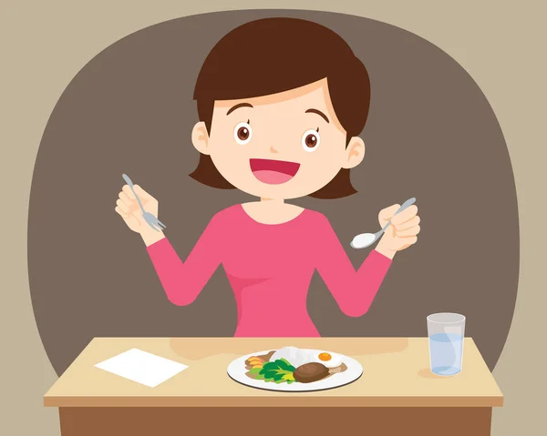 Feliz Joven Mujer Disfrutar Comer Alimentos Para Almuerzo Comida Mañana — Vector de stock