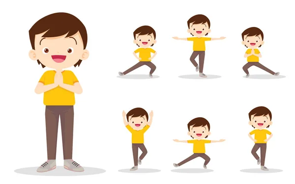Set Boy Exercise Various Actions Various Actions Move Body Healthy — Stock Vector