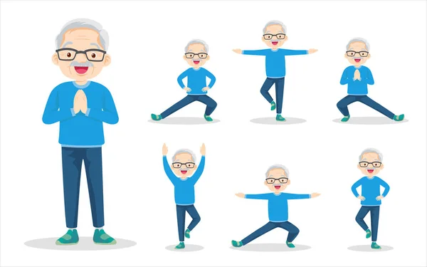 Bundle Set Elderly Man Exercise Various Actions Grandfather Various Actions — Stock Vector