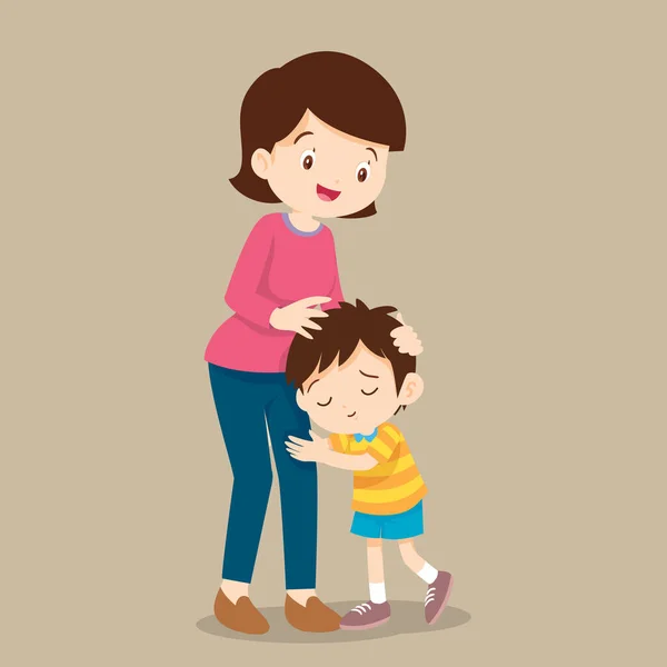 Cute Boy Hugging His Mother Smiling Mom Embracing Her Son — Stockvector