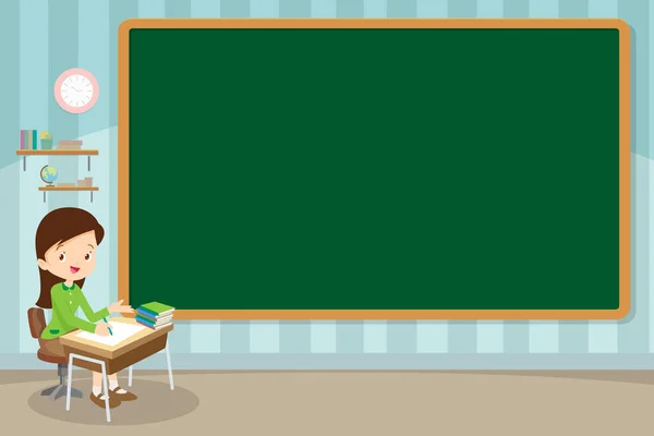 Female Teacher Sitting Lesson Blackboard Classroom — Image vectorielle