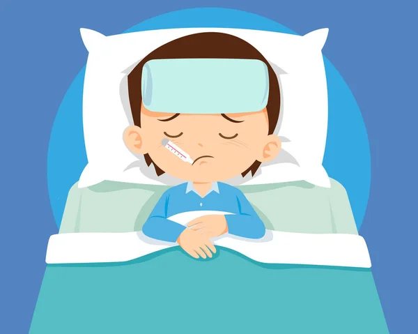 Beteg Aranyos Fiú Alszik Ágyban Egy Hőmérővel Száj Úgy Érzi — Stock Vector