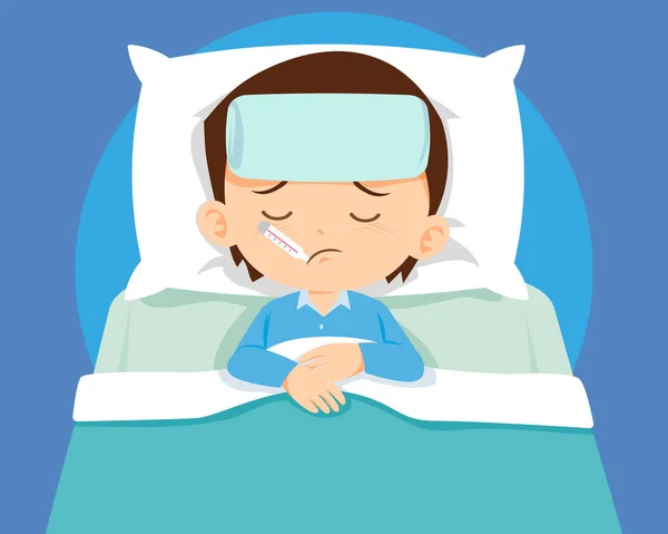 Niño Lindo Enfermo Dormir Cama Con Termómetro Boca Sentirse Tan — Vector de stock