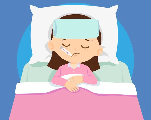 Enfermo Linda Chica Dormir Cama Con Termómetro Boca Sentirse Tan — Vector de stock