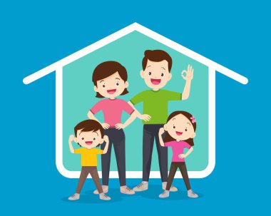 Sevimli aile egzersizi, ev ikonu geçmişleriyle birlikte. Dokunulmazlıkla çevrili bir aile. Sağlıklı aile kavramı..