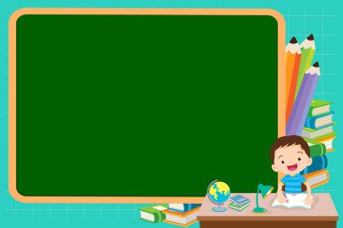 Okul çocuklarına geri dönmek, erkek ve kız karatahta yığınıyla eğitim kavramı.