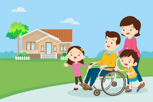 Tekerlekli Sandalyedeki Adam Ailesi Tekerlekli Sandalyede Tedavi Gören Sevimli Bir — Stok Vektör