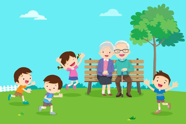 公園で遊んでいる幸せな祖父母と孫たち — ストックベクタ
