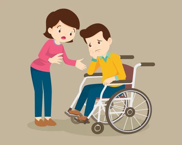 Frau Beruhigt Trauernden Mann Rollstuhl Pflege Einer Kranken Person Rollstuhl — Stockvektor