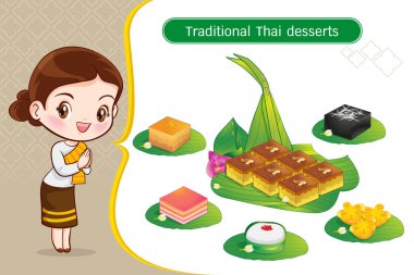 Geleneksel kostümlü Tayland karakteri Sawasdee ve geleneksel Thai tatlı setini sunmaya hoş geldiniz.
