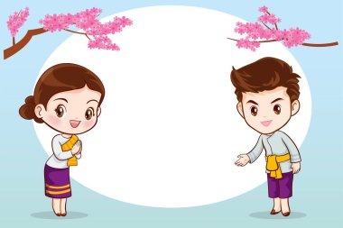 Geleneksel kostümlü Tayland karakteri Sawasdee ve geleneksel Thai tatlı setini sunmaya hoş geldiniz.