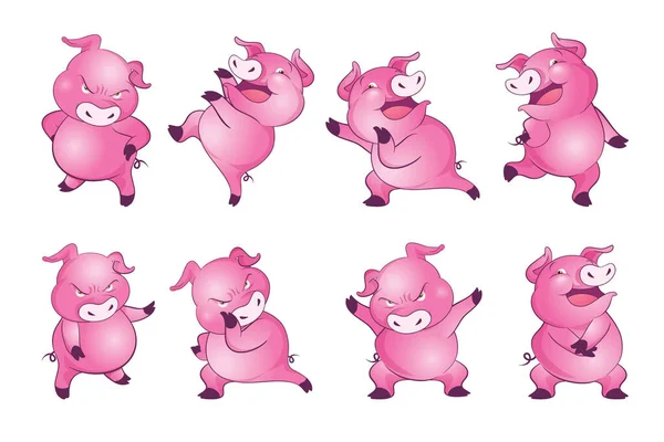 Симпатичные Свиньи Мультяшный Персонаж Веселый Смешной Танец Много Действий — стоковый вектор