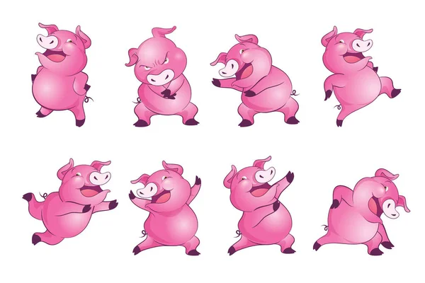 Nette Schweine Cartoon Figur Fröhlich Lustig Tanzen Viele Aktionen — Stockvektor