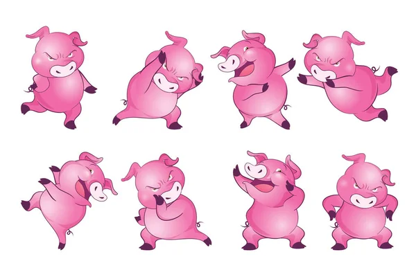 Nette Schweine Cartoon Figur Fröhlich Lustig Tanzen Viele Aktionen — Stockvektor