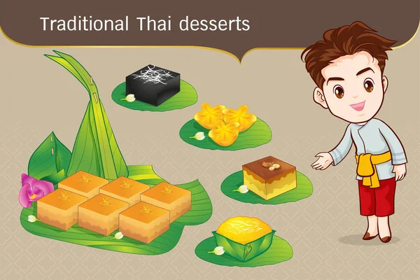 Thais Karakter Traditioneel Kostuum Sawasdee Welkom Presenteren Traditionele Thaise Dessert — Stockvector