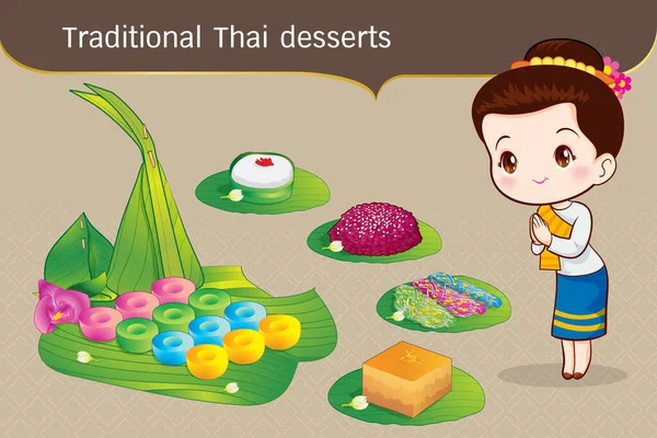 Thais Karakter Traditioneel Kostuum Sawasdee Welkom Presenteren Traditionele Thaise Dessert — Stockvector