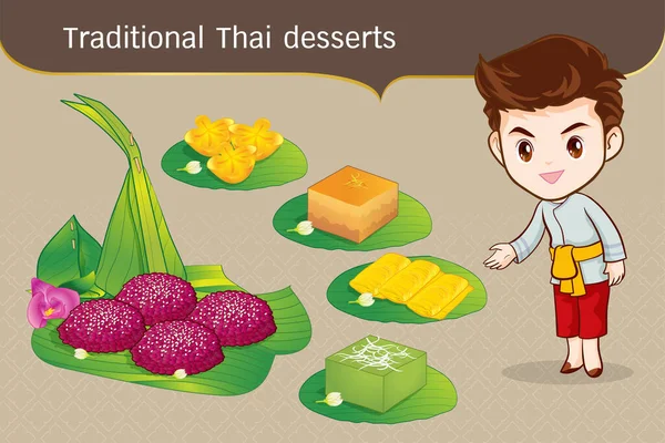 Thais Karakter Traditioneel Kostuum Sawasdee Welkom Presenteren Traditionele Thaise Dessert — Stockvector