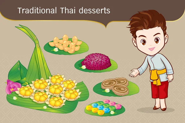 Thais Karakter Traditioneel Kostuum Sawasdee Welkom Presenteren Traditionele Thaise Dessert — Stockvector