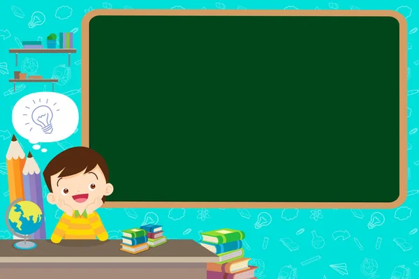小学生に戻る かわいい学生の男の子と本の黒板の山と教育の概念 — ストックベクタ