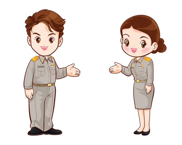 Thailändische Regierungsbeamte Uniform Paar Cartoon Figur — Stockvektor