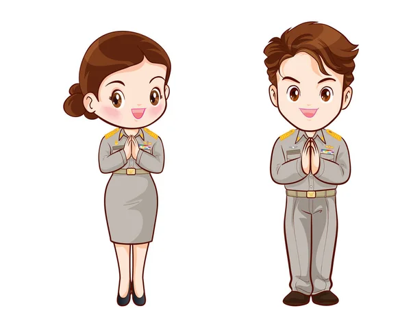 身穿制服的泰国政府官员夫妇卡通形象 — 图库矢量图片