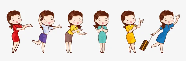 Cute Beautiful Woman Cartoon Character Different Gestures — Stock Vector