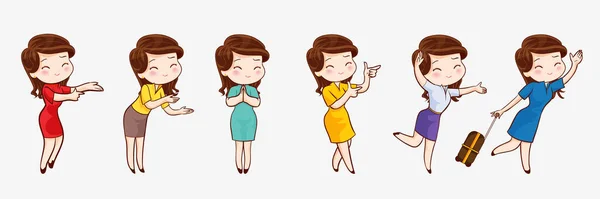 Niedliche Schöne Frau Cartoon Figur Mit Verschiedenen Gesten — Stockvektor