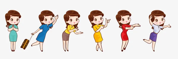 Carino Bella Donna Personaggio Dei Cartoni Animati Con Diversi Gesti — Vettoriale Stock