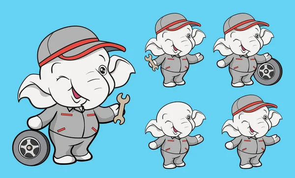 Bonito Elefante Desenho Animado Mascote Personagem Trabalhador Uniforme Carro Mecânico — Vetor de Stock