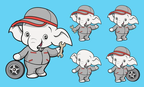 Bonito Elefante Desenho Animado Mascote Personagem Trabalhador Uniforme Carro Mecânico — Vetor de Stock