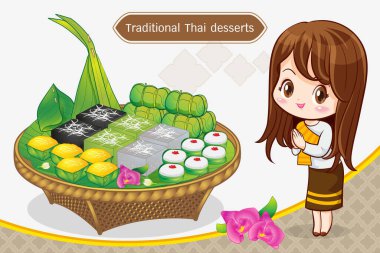 Geleneksel Sawasdee kostümlü Taylandlı kadın çizgi film karakteri ve geleneksel Thai tatlı setini sunmaya hoş geldiniz.