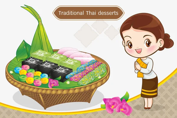 Femme Thaïlandaise Personnage Dessin Animé Costume Traditionnel Sawasdee Bienvenue Présenter — Image vectorielle