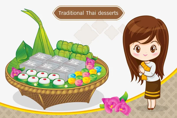 Таїландська Жінка Мультиплікатор Традиційному Вбранні Савасді Вітає Презентацію Традиційного Десерту — стоковий вектор