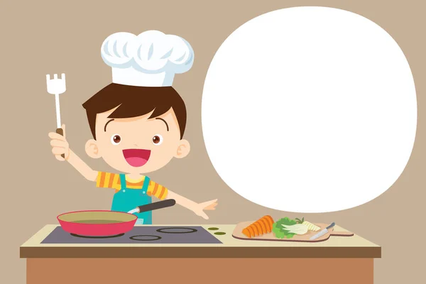 Tatlı Çocuk Küçük Şef Mutfakta Konuşma Baloncuğuyla Yemek Pişiriyor — Stok Vektör