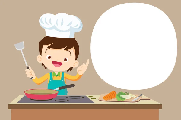 Cute Boy Pequeno Chef Presente Cozinhar Cozinha Com Bolha Fala —  Vetores de Stock