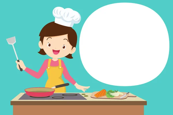 Vrouw Chef Kok Aanwezig Koken Keuken Met Spraakbel — Stockvector