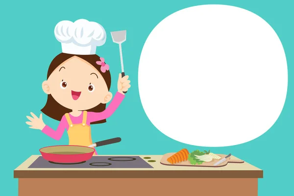 Menina Bonito Pequeno Chef Presente Cozinhar Cozinha Com Bolha Fala —  Vetores de Stock