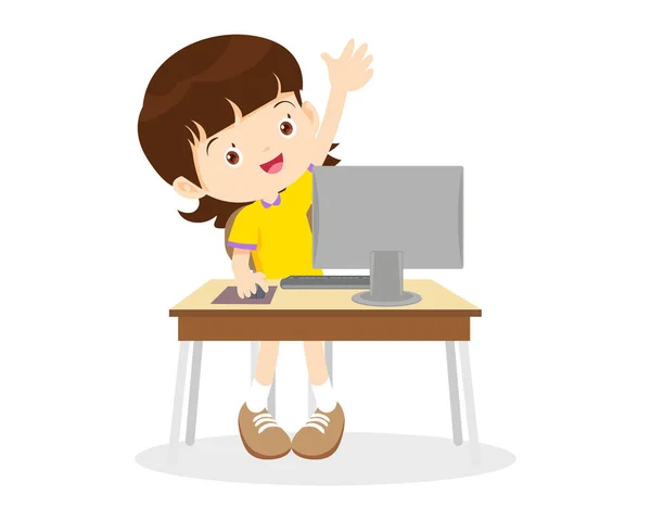 Cute Student Girl Learning Computer Raising Hand — Stock Vector