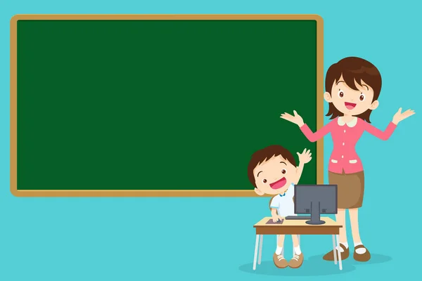 老师和学生用黑板举手学习计算机 — 图库矢量图片