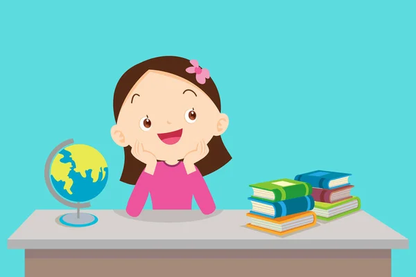 Student Girl Thinking Happy Desk — Stock Vector