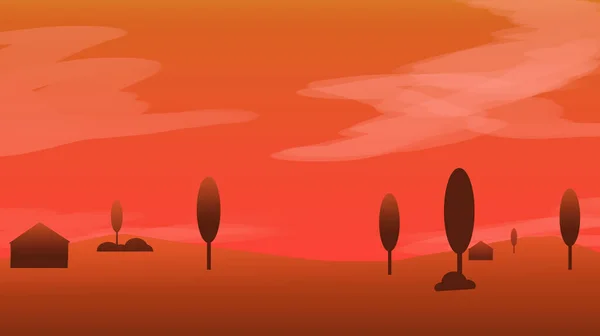 Цифровой Художественный Пейзаж Вечером Деревне Красивым Оранжевым Небом Заката Фон — стоковое фото