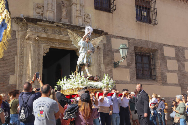 The Statue of San Miguel is shown to public from the Iglesias del Salvador to Ermita de San Miguel Alto in the Granada's festival of  Romera de San Miguel