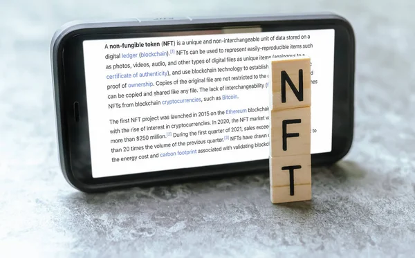 Nft Non Fungible Token Letters Dices Nfts Blockchain Market Art — Stock Photo, Image