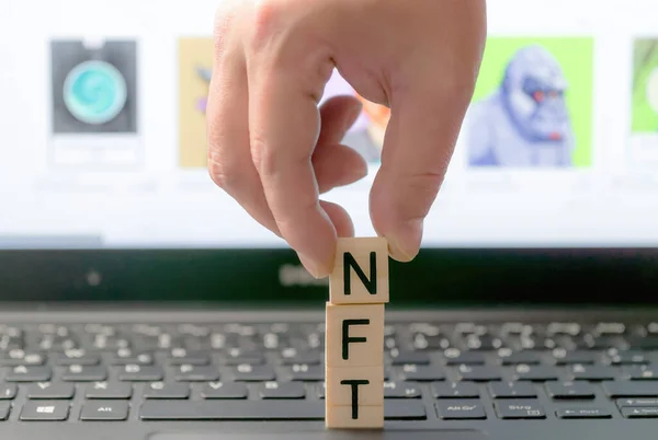 Nft Non Fungible Token Letters Dices Nfts Blockchain Market Art — Stock Photo, Image