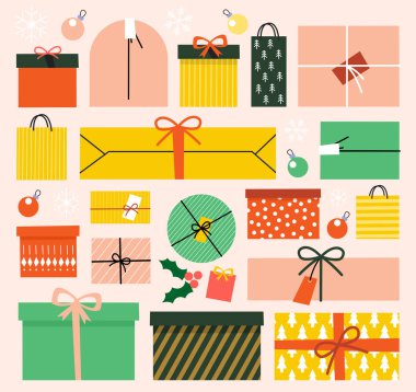 Renkli hediyeler ve dekorasyonlar.