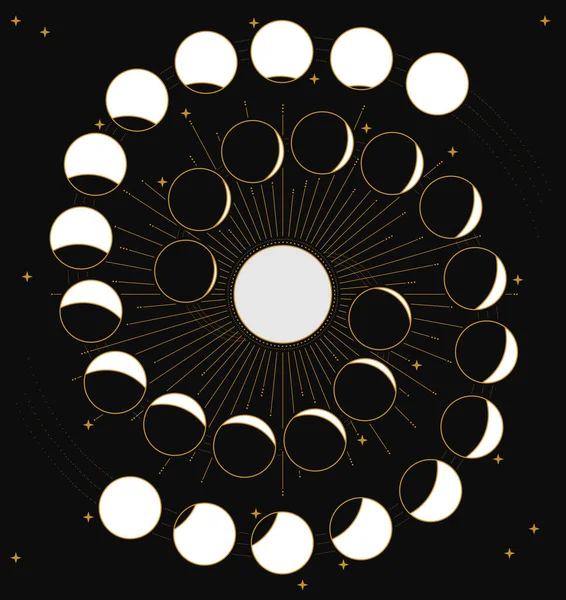 Phases de lune Spirale avec étoiles — Image vectorielle